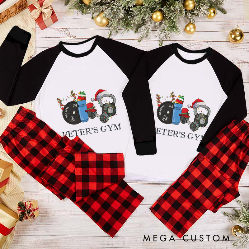 Personalized Couple Xmas Pajamas with Barbell and Dumbbell Christmas Matching Pjs for Fitness Enthusiasts Bodybuilders and Gym Lovers Husband Wife Boyfriend Girlfriend