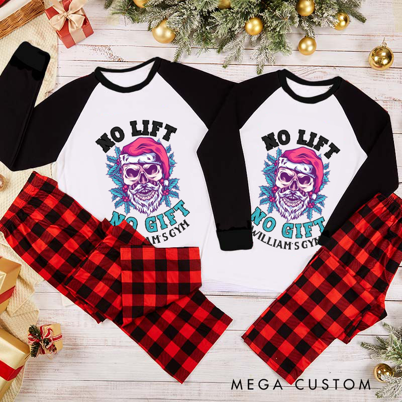 Personalized Couple Xmas Pajamas with No Lift No Gift Skull Santa Christmas Matching Pjs for Fitness Enthusiasts Bodybuilders and Gym Lovers Husband Wife Boyfriend Girlfriend