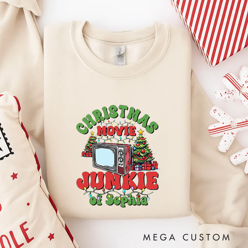 Personalized Christmas Movie Junkie Watching Classic Sweatshirt Christmas Film Crewneck Movie Holiday Shirt