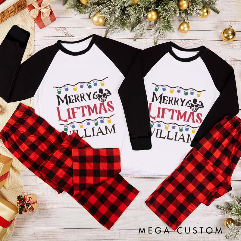 Personalized Couple Xmas Pajamas with Dumbbell Design Festive Lights Christmas Matching Pjs for Fitness Enthusiasts Bodybuilders and Gym Lovers Husband Wife Boyfriend Girlfriend