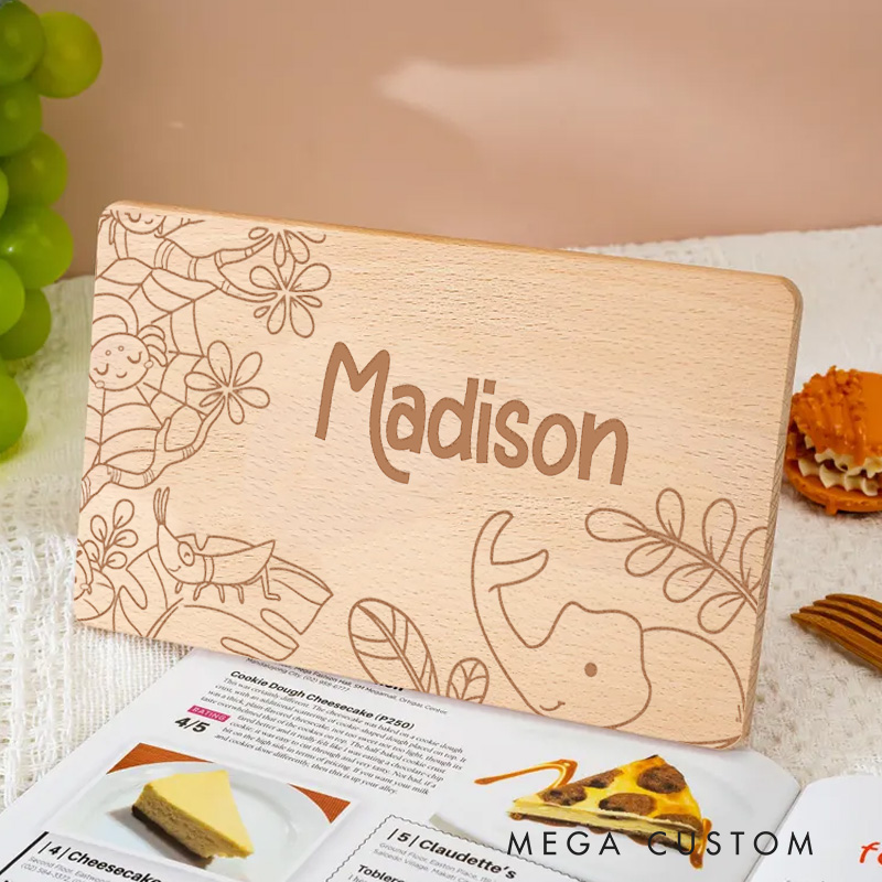 Personalized Elephant and Toucan with Tropical Leaves Breakfast Board