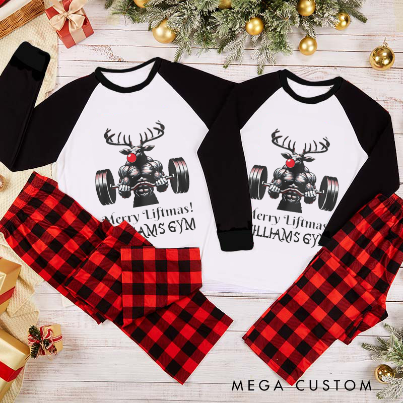 Personalized Couple Xmas Pajamas with Strong Reindeer Christmas Matching Pjs for Fitness Enthusiasts Bodybuilders and Gym Lovers Husband Wife Boyfriend Girlfriend