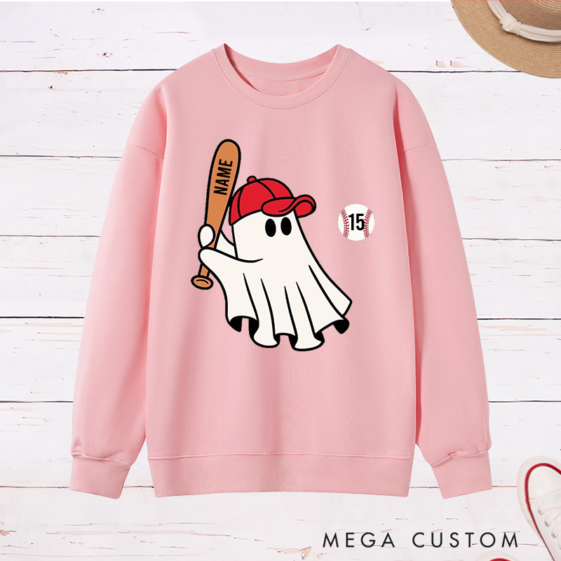 Personalized Halloween Sweatshirt with Ghost Holding Bat Custom Text  