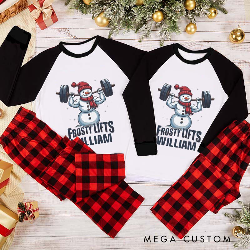 Personalized Couple Xmas Pajamas with Frosty Lifts Snowman Weightlifting Christmas Matching Pjs for Fitness Enthusiasts Bodybuilders and Gym Lovers Husband Wife Boyfriend Girlfriend