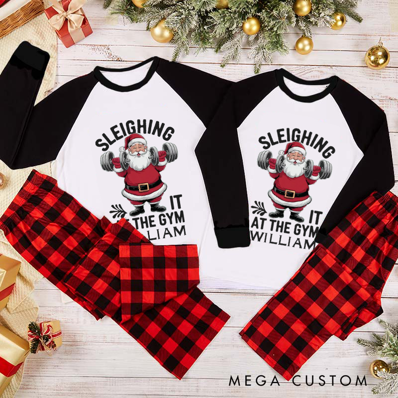Personalized Couple Xmas Pajamas with Santa Weightlifting Design Christmas Matching Pjs for Fitness Enthusiasts Bodybuilders and Gym Lovers Husband Wife Boyfriend Girlfriend
