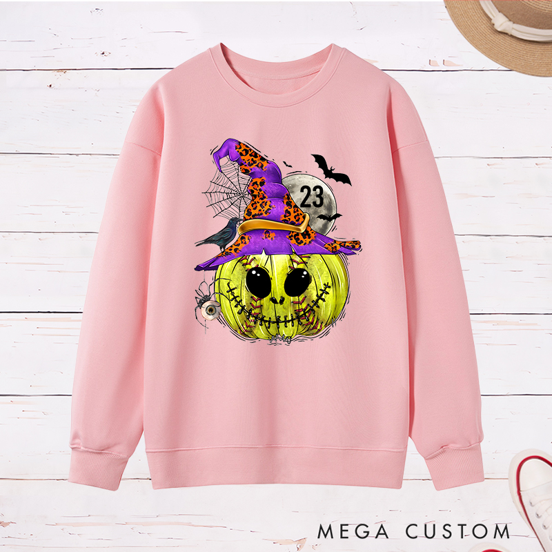 Personalized Enchanted Softball Pumpkin Witch Sweatshirt with Custom Number