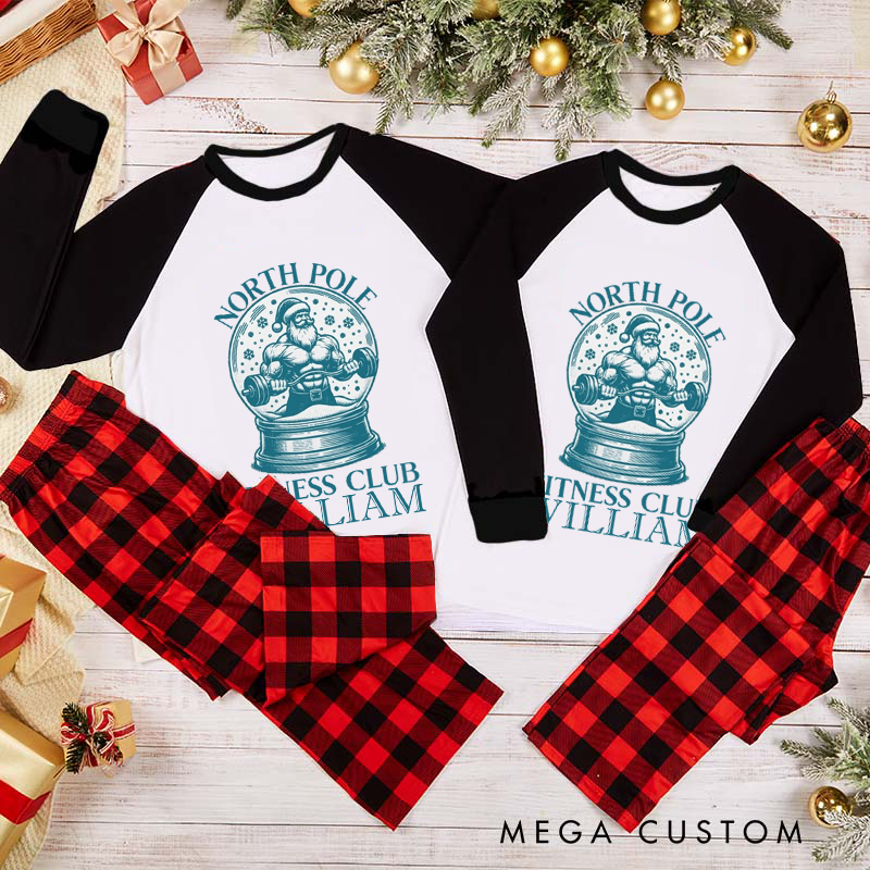 Personalized Couple Xmas Pajamas with Santa Snow Globe Design Christmas Matching Pjs for Fitness Enthusiasts Bodybuilders and Gym Lovers Husband Wife Boyfriend Girlfriend