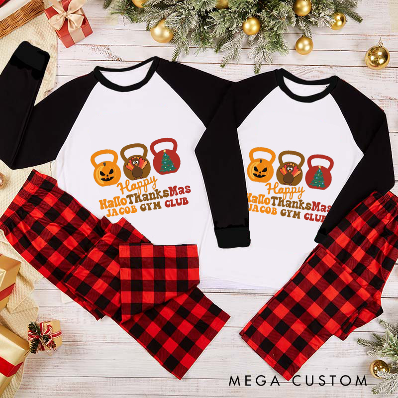 Personalized Couple Xmas Pajamas with Happy HalloThanksMas Christmas Matching Pjs for Fitness Enthusiasts Bodybuilders and Gym Lovers Husband Wife Boyfriend Girlfriend