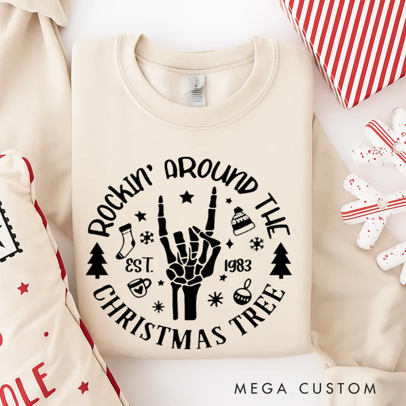 Personalized Classic Sweatshirts Christmas Rockin' Around Sweatshirt Christmas Tree Sweatshirt Christmas Gift for Heavy Metal Music Lover