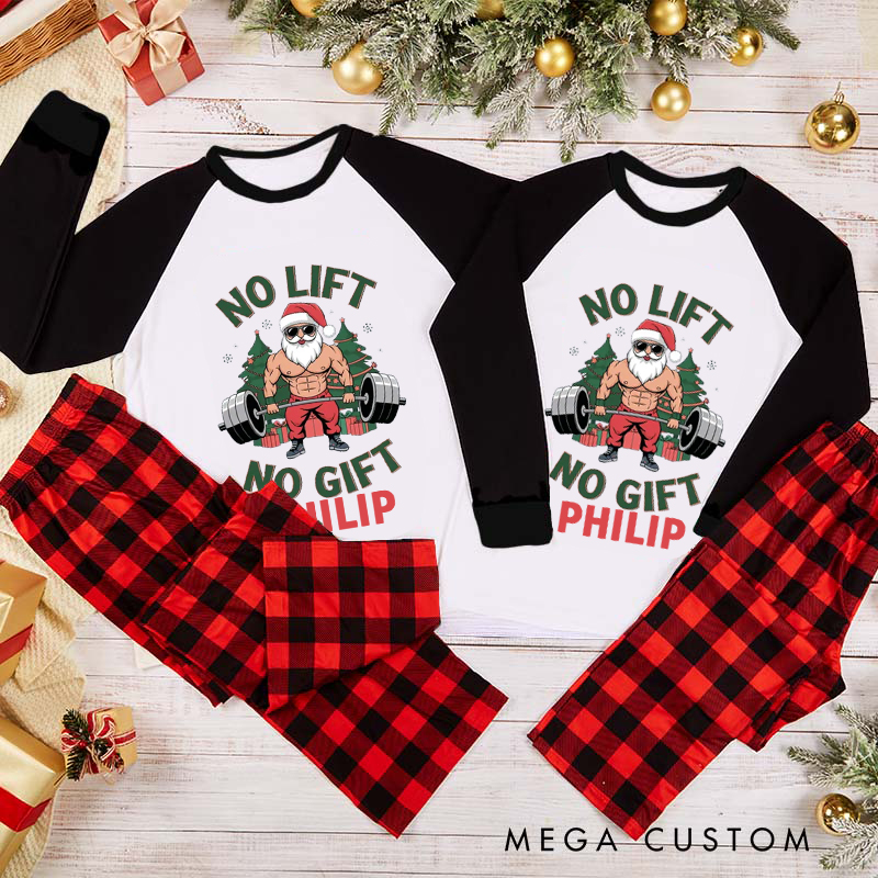 Personalized Couple Xmas Pajamas with No Lift No Gift Santa Weightlifting Christmas Matching Pjs for Fitness Enthusiasts Bodybuilders and Gym Lovers Husband Wife Boyfriend Girlfriend