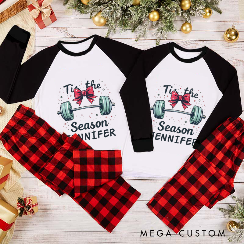 Personalized Couple Xmas Pajamas with Tis the Season Barbell with Bow Christmas Matching Pjs for Fitness Enthusiasts Bodybuilders and Gym Lovers Husband Wife Boyfriend Girlfriend