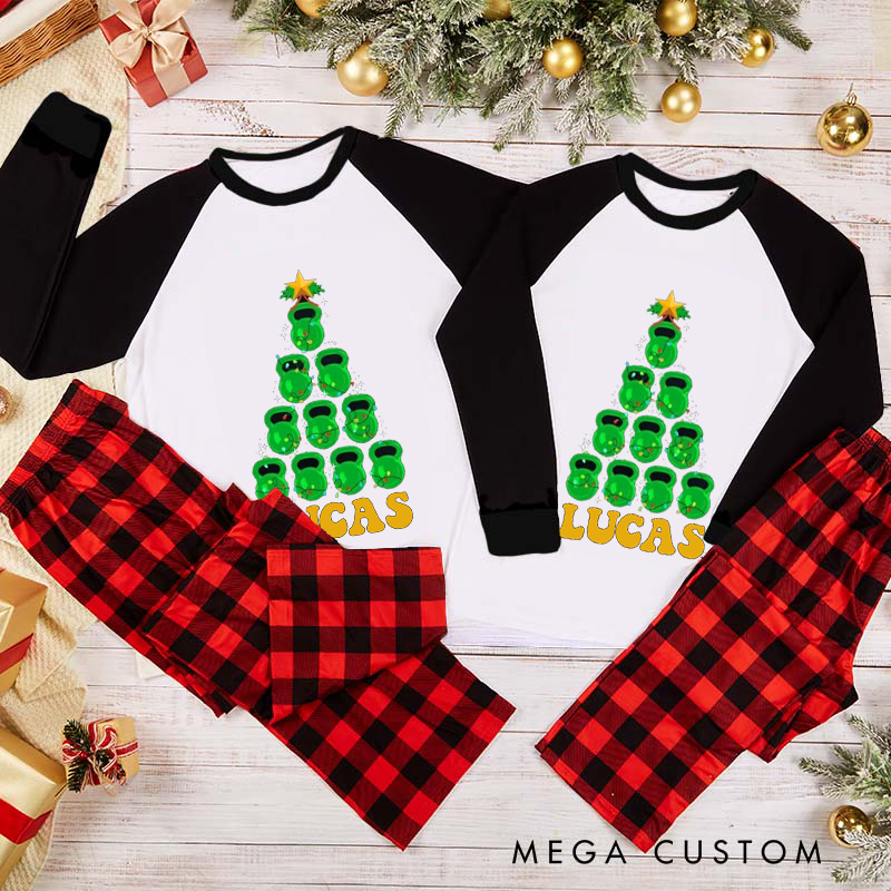 Personalized Couple Xmas Pajamas with Kettlebell Christmas Tree Christmas Matching Pjs for Fitness Enthusiasts Bodybuilders and Gym Lovers Husband Wife Boyfriend Girlfriend