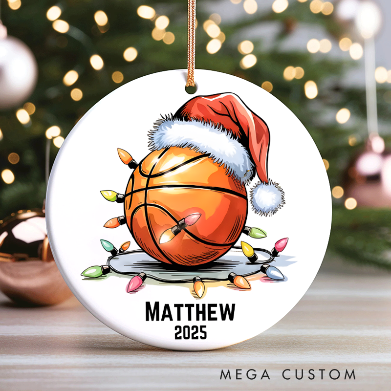 Personalized Basketball Christmas Ornament with Santa Hat and Custom Name and Year