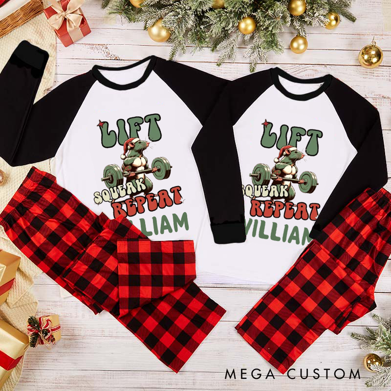 Personalized Couple Xmas Pajamas with Santa Mouse Weightlifting Christmas Matching Pjs for Fitness Enthusiasts Bodybuilders and Gym Lovers Husband Wife Boyfriend Girlfriend