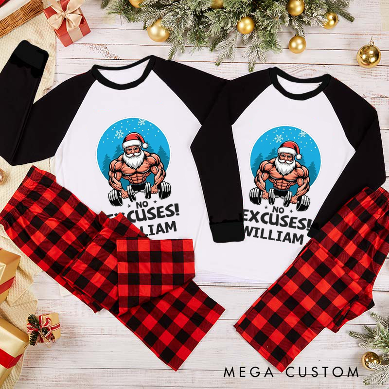Personalized Couple Xmas Pajamas with No Excuses Santa Weightlifting Christmas Matching Pjs for Fitness Enthusiasts Bodybuilders and Gym Lovers Husband Wife Boyfriend Girlfriend