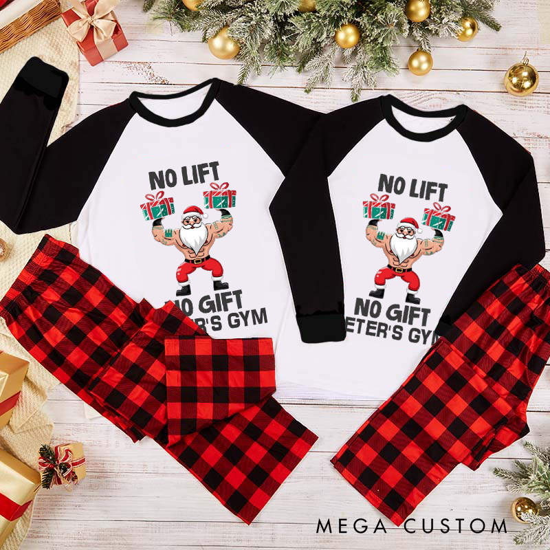 Personalized Couple Xmas Pajamas with Santa Lifting Presents Design Christmas Matching Pjs for Fitness Enthusiasts Bodybuilders and Gym Lovers Husband Wife Boyfriend Girlfriend
