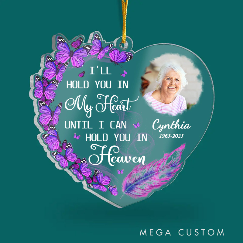 Personalized Heart Shaped Memorial Ornament Custom Photo Name Year Purple Butterflies Feather Keepsake