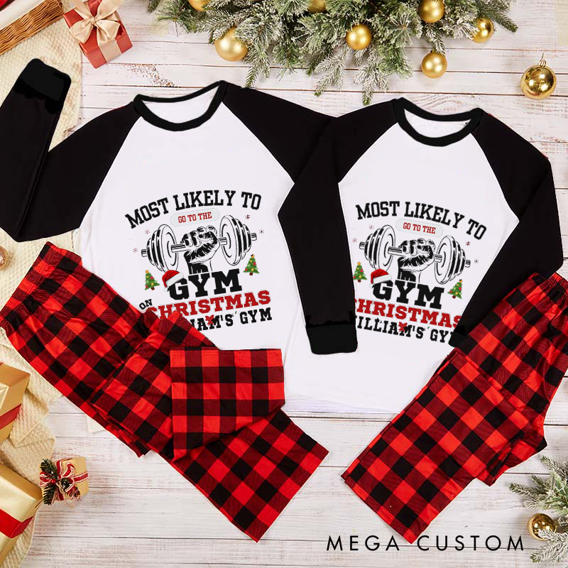 Personalized Couple Xmas Pajamas with Most Likely to Go to the Gym Matching Pjs for Fitness Enthusiasts Bodybuilders and Gym Lovers Husband Wife Boyfriend Girlfriend