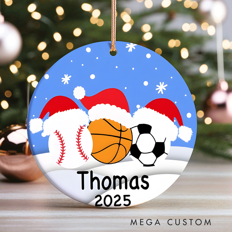 Personalized Sports Christmas Ornament with Baseball, Basketball, and Soccer Ball Design