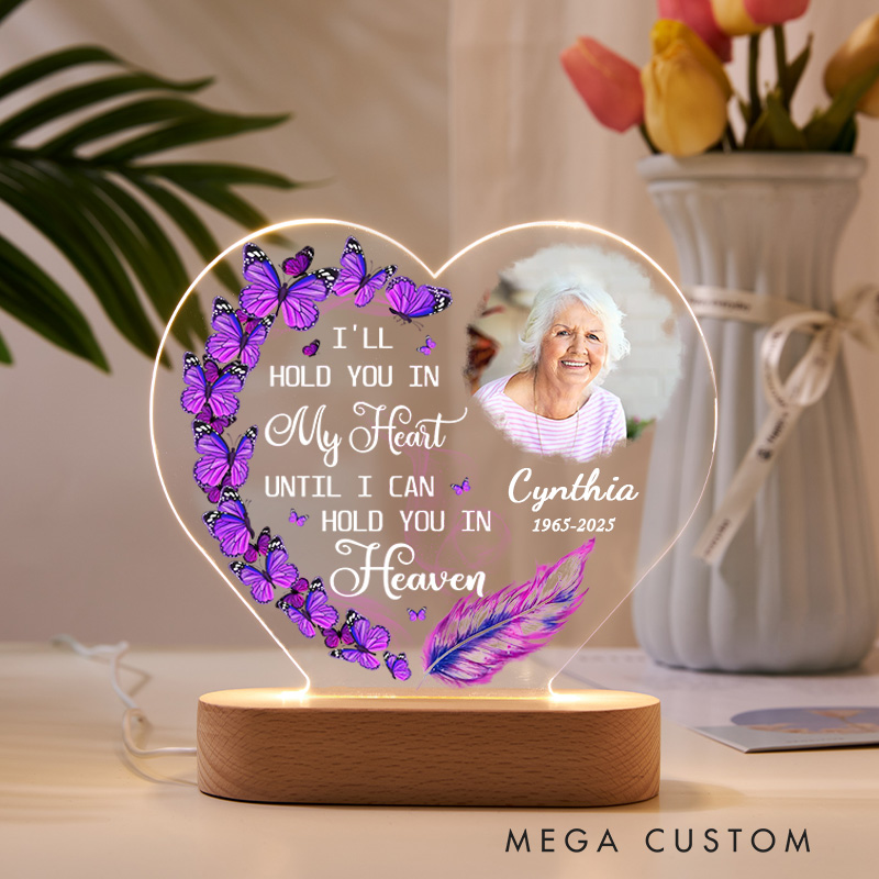 Personalized Memorial Heart Shaped LED Light Custom Photo Name Year Purple Butterflies Feather Memorial Keepsake