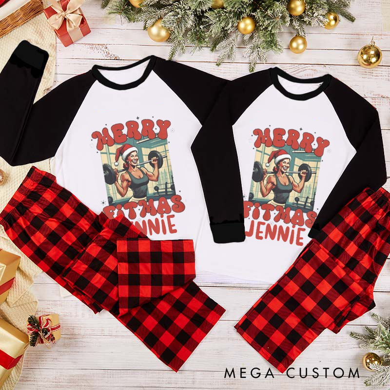 Personalized Couple Xmas Pajamas with Merry Fitmas Santa Lifting Weights Matching Pjs for Fitness Enthusiasts Bodybuilders and Gym Lovers Husband Wife Boyfriend Girlfriend