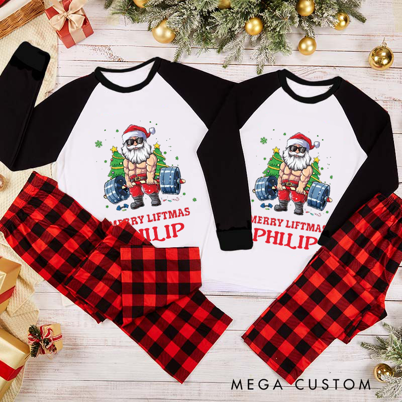 Personalized Couple Xmas Pajamas with Merry Liftmas Santa Weightlifting Matching Pjs for Fitness Enthusiasts Bodybuilders and Gym Lovers Husband Wife Boyfriend Girlfriend