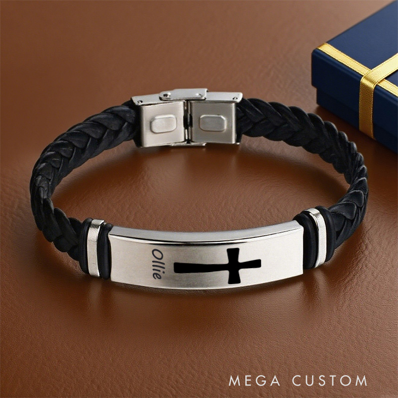 Personalized Cross Men Leather Magnetic Buckle Woven Bracelet with Name Religious Jewelry Religious Gift Christian Gift for Him