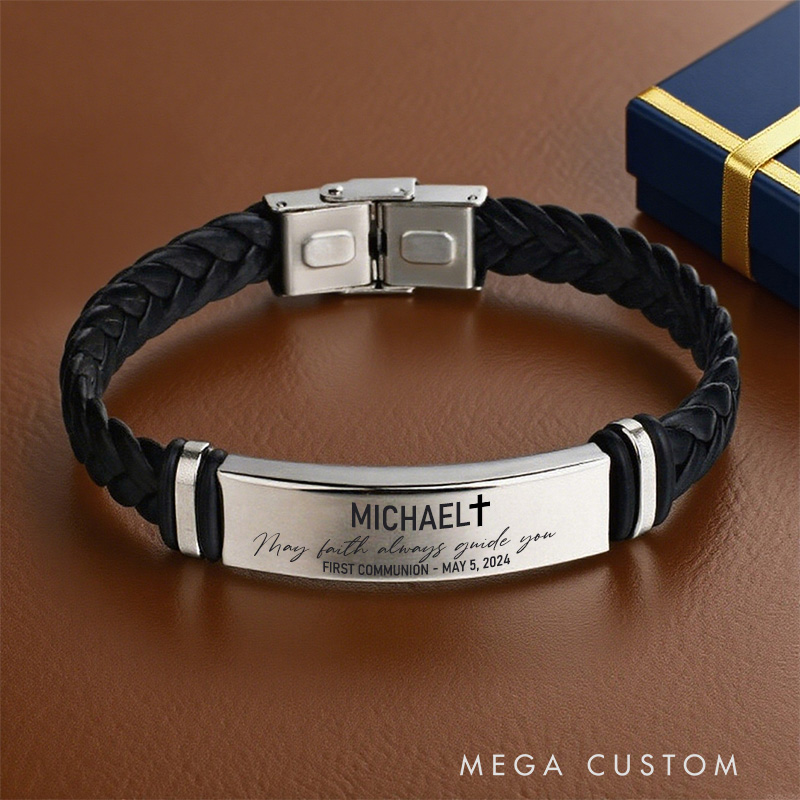 Personalized Cross Men Leather Magnetic Buckle Woven Bracelet with Name and Date Religious Jewelry Christian Gift First Communion Gift for Him