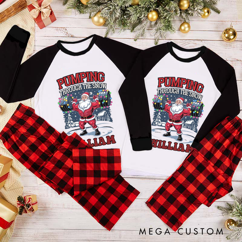 Personalized Couple Xmas Pajamas with Pumping Through the Snow Matching Pjs for Fitness Enthusiasts Bodybuilders and Gym Lovers Husband Wife Boyfriend Girlfriend