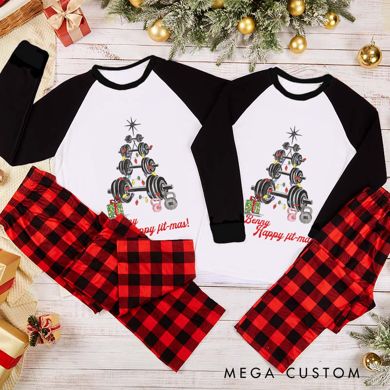 Personalized Couple Xmas Pajamas with Barbell Christmas Tree Matching Pjs for Fitness Enthusiasts Bodybuilders and Gym Lovers Husband Wife Boyfriend Girlfriend
