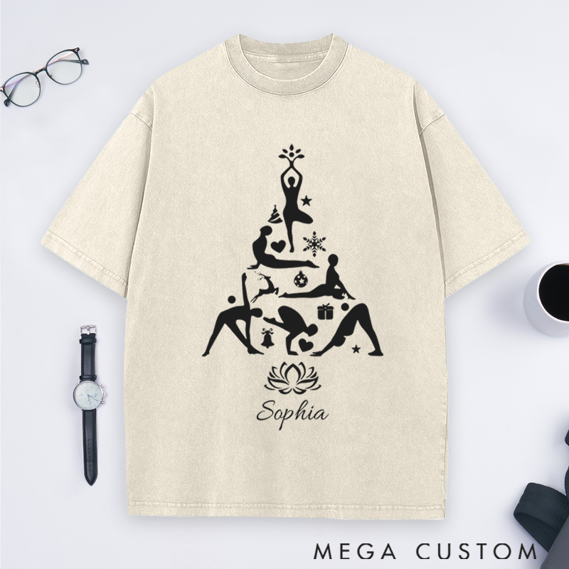 Personalized Yoga Washed T-Shirt with Christmas Tree Design Perfect Gift for Yoga Lover and Christmas
