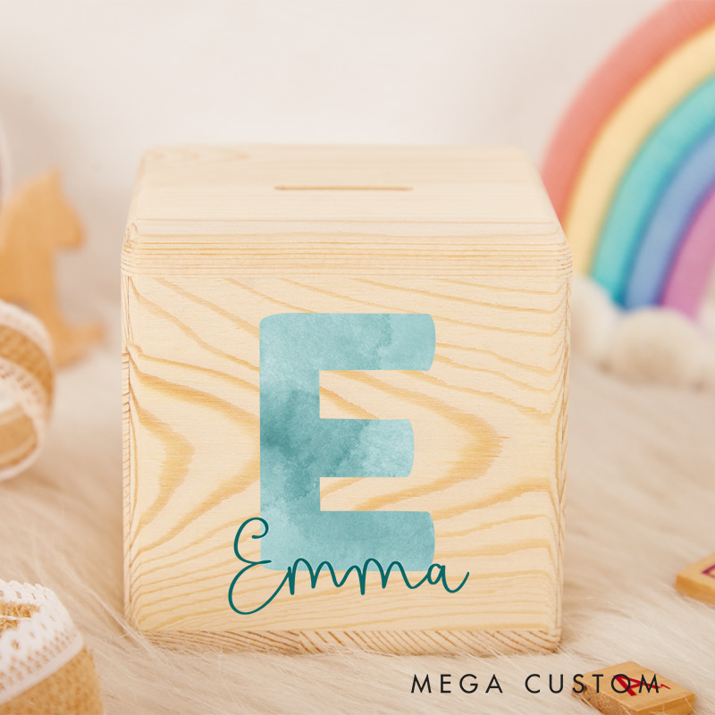 Personalized Initial Piggy Bank Charming Letter Style with Custom Name and Elegant Wood Finish