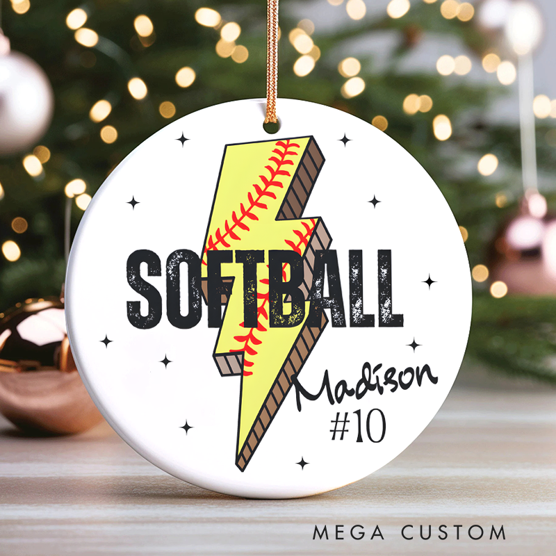 Personalized Softball Ornament with Custom Name, Number, and Lightning Bolt Design