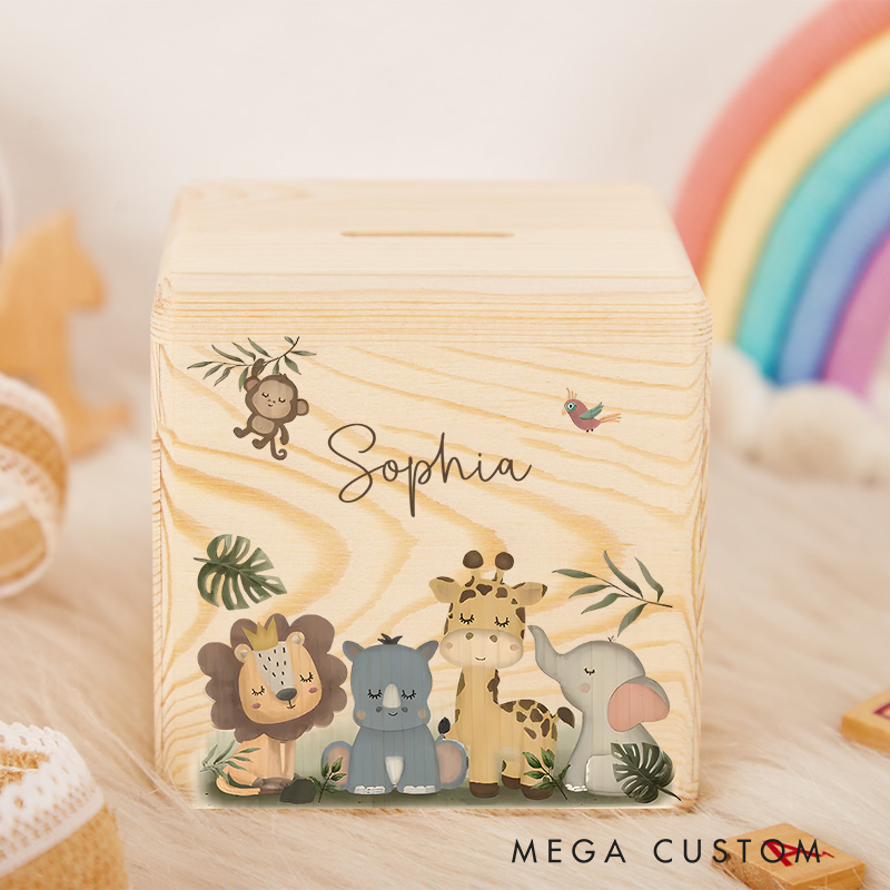 Personalized Kids Name Piggy Bank Adorable Animal Friends with Custom Name and Jungle Vibes
