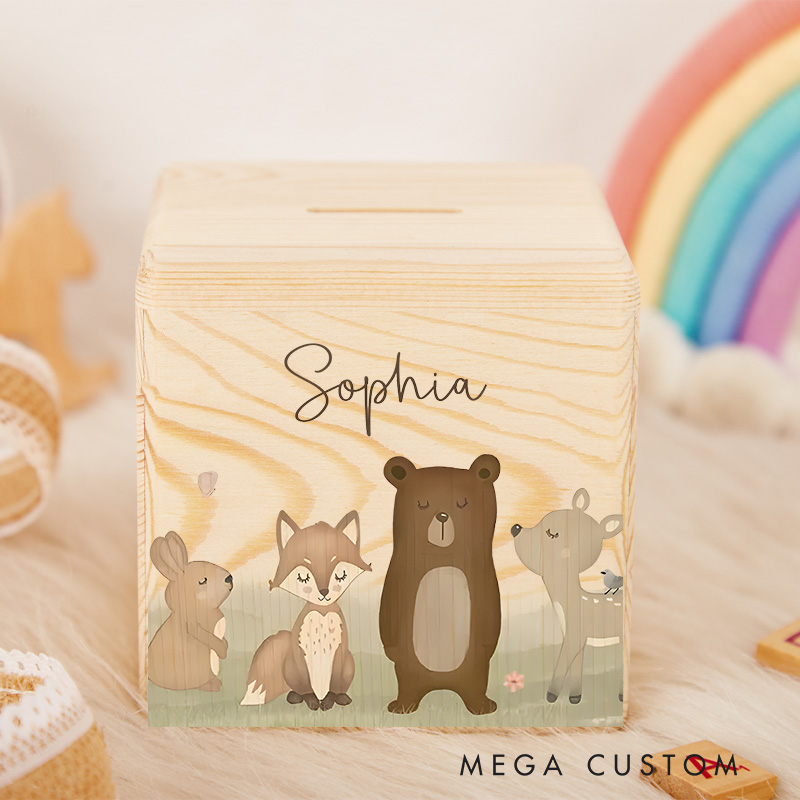 Personalized Woodland Piggy Bank Cute Forest Creatures with Custom Name and Nature Charm