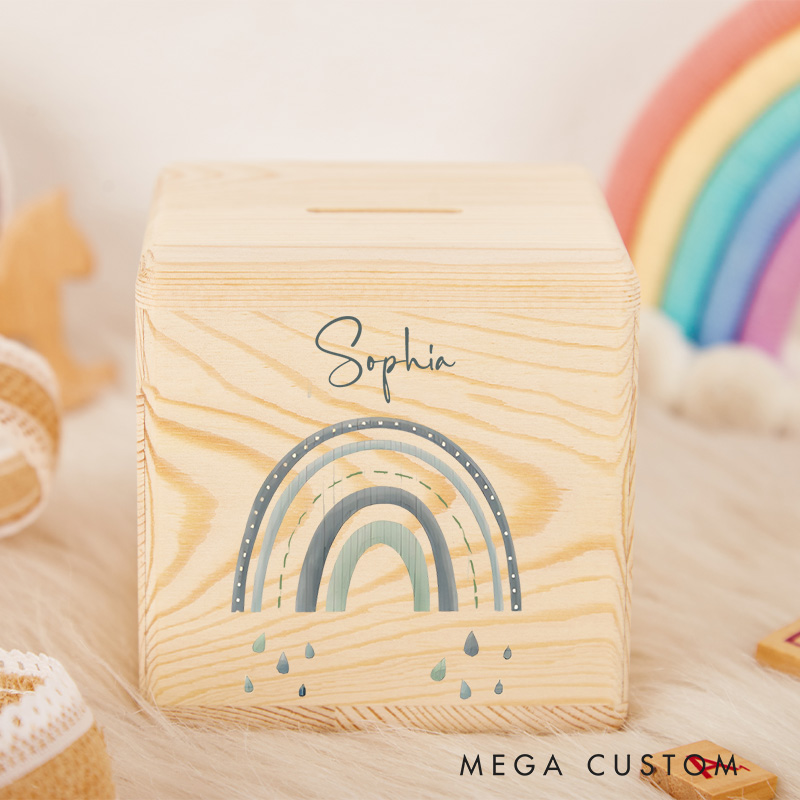 Personalized Rainbow Piggy Bank Colorful Dreams with Custom Name and Whimsical Rainbow Art