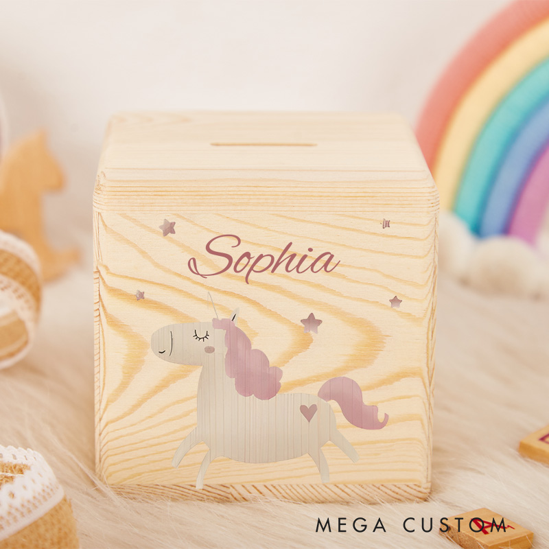 Personalized Rainbow Horse Piggy Bank Magical Fantasy with Custom Name and Enchanting Rainbow Horse Design