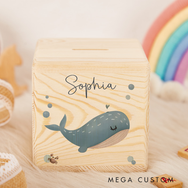 Personalized Whale Piggy Bank Oceanic Delight with Custom Name and Playful Whale Motif
