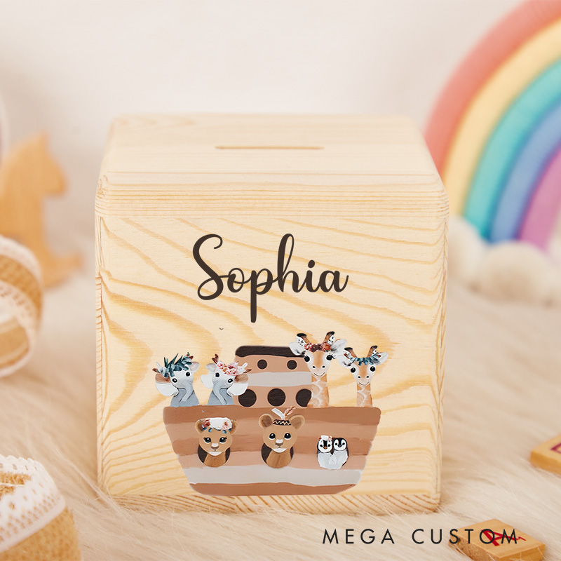Personalized Noah's Ark Piggy Bank Delightful Animal Pairs with Custom Name and Charming Ark Scene