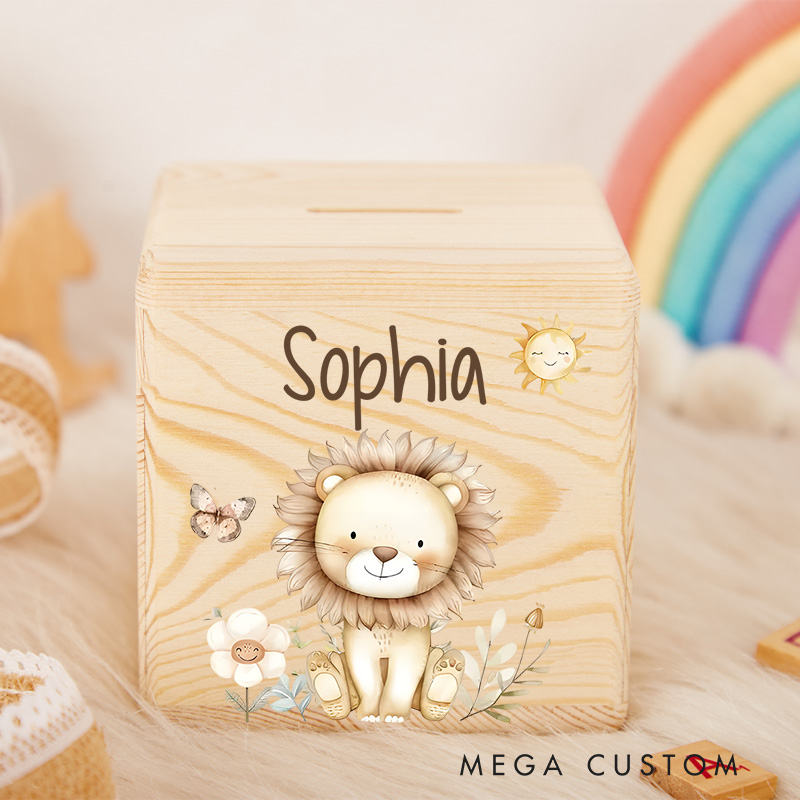 Personalized Lion Piggy Bank Majestic Safari King with Custom Name and Adorable Lion Illustration