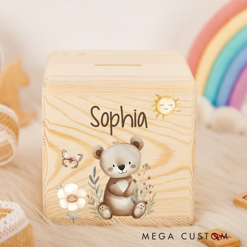 Personalized Bear Piggy Bank Cozy Woodland Friend with Custom Name and Cute Bear Design
