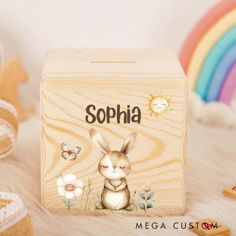 Personalized Bunny Piggy Bank Sweet Garden Companion with Custom Name and Charming Bunny Art