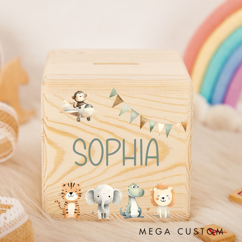 Personalized Animals Piggy Bank Joyful Jungle Friends with Custom Name and Playful Animal Parade
