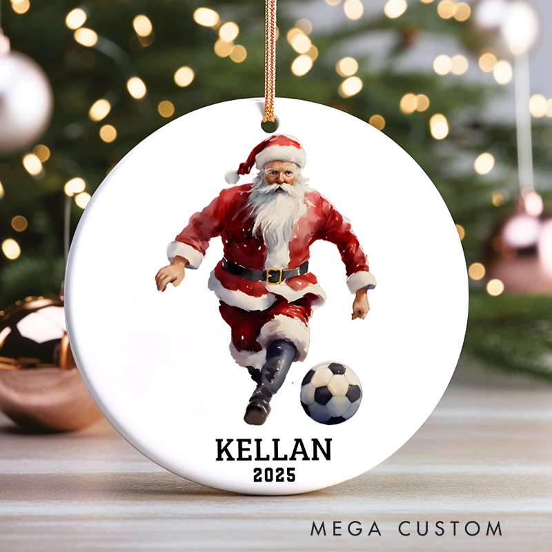 Personalized Soccer Santa Ornament with Custom Name and Year