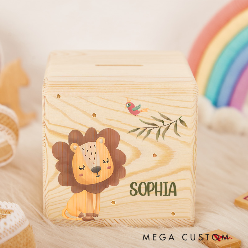 Personalized Lion Piggy Bank Jungle Majesty with Custom Name and Colorful Lion Illustration