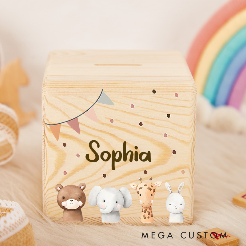 Personalized Animal Friends Piggy Bank Delightful Companions with Custom Name and Cute Animal Design