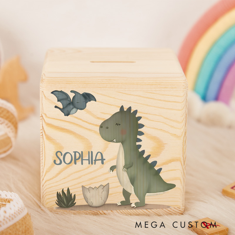 Personalized Dinosaur Piggy Bank Prehistoric Adventure with Custom Name and Playful Dinosaur Art