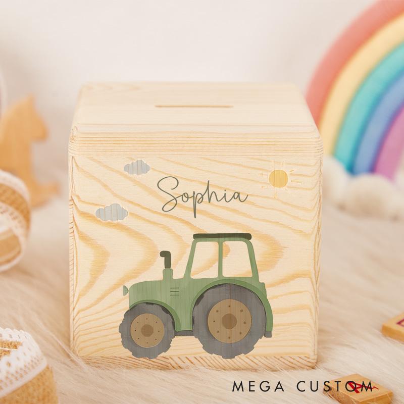 Personalized Tractor Piggy Bank Farm Fun with Custom Name and Charming Tractor Illustration