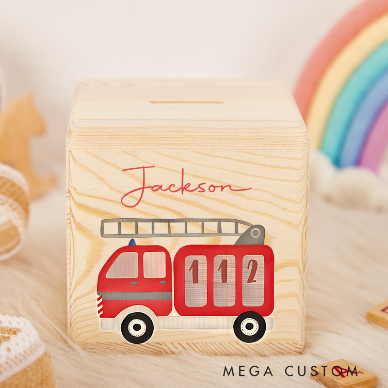 Personalized Fire Truck Piggy Bank Rescue Adventure with Custom Name and Bold Fire Truck Design
