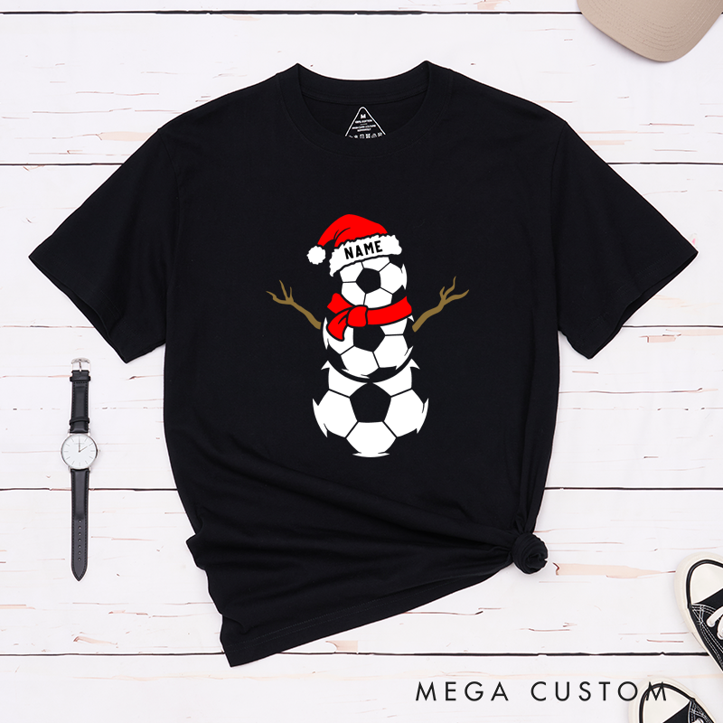 Personalized Soccer Snowman T-Shirt with Custom Name and Festive Design
